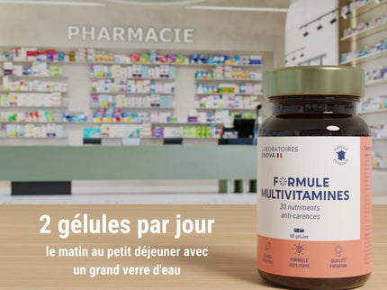 MULTIVITAMINES et Minéraux 30 Nutriments | Vitamine A B C D E K, Quercetine, Magnesium, Zinc, Coenzyme Q10, Selenium | Complement Alimentaire | Fabriqué en France | 60 gélules