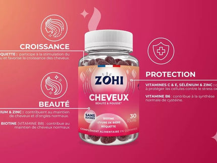 Zohi - Complément Alimentaire Cheveux parfum cerise, Pilulier 30 jours 180g