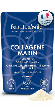 Beauty&Wild, Collagène Marin, 6g, Poudre collagène type 1 et 3 - Arôme fruits exotiques, Peptides Hydrolysés 2000 DA, Beauté et Sport, Peau Hydratée & Articulations Souples, 310g