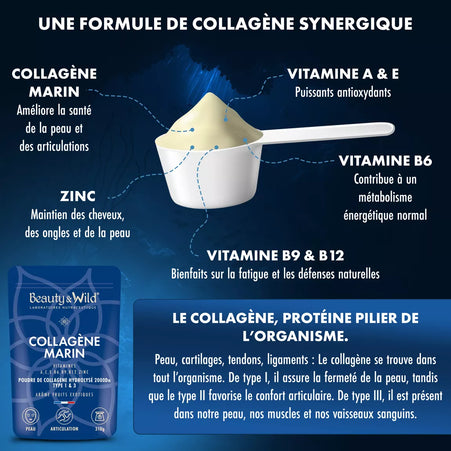Beauty&Wild, Collagène Marin, 6g, Poudre collagène type 1 et 3 - Arôme fruits exotiques, Peptides Hydrolysés 2000 DA, Beauté et Sport, Peau Hydratée & Articulations Souples, 310g