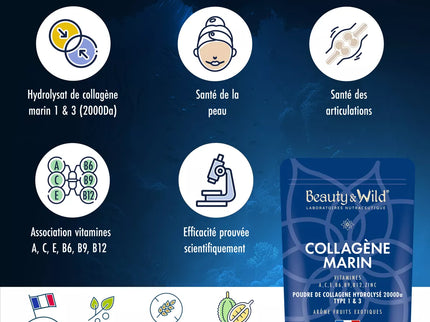 Beauty&Wild, Collagène Marin, 6g, Poudre collagène type 1 et 3 - Arôme fruits exotiques, Peptides Hydrolysés 2000 DA, Beauté et Sport, Peau Hydratée & Articulations Souples, 310g