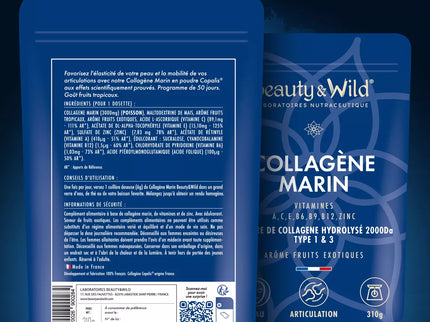 Beauty&Wild, Collagène Marin, 6g, Poudre collagène type 1 et 3 - Arôme fruits exotiques, Peptides Hydrolysés 2000 DA, Beauté et Sport, Peau Hydratée & Articulations Souples, 310g
