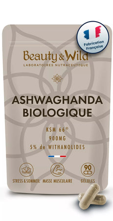 Ashwagandha Bio KSM-66®, 90 Gélules Vegan - 900mg/Jour - Fabriqué en France - Ginseng Indien Extra Fort, Anti-Stress, Musculation, Favorise le Bien-Être, Améliore la Qualité du Sommeil, Beauty&Wild