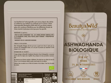 Ashwagandha Bio KSM-66®, 90 Gélules Vegan - 900mg/Jour - Fabriqué en France - Ginseng Indien Extra Fort, Anti-Stress, Musculation, Favorise le Bien-Être, Améliore la Qualité du Sommeil, Beauty&Wild
