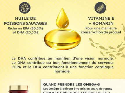 Capsules d'OMÉGA 3-2000mg d’Huile de Poissons Sauvages, Riche en acide aminés EPA/DHA, Santé du Cœur, Cholestérol, Cerveau, Idéal Musculation, Fitness, 120 capsules d'oméga 3 - Beauty&Wild
