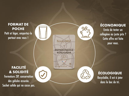 Ashwagandha Bio KSM-66®, 90 Gélules Vegan - 900mg/Jour - Fabriqué en France - Ginseng Indien Extra Fort, Anti-Stress, Musculation, Favorise le Bien-Être, Améliore la Qualité du Sommeil, Beauty&Wild