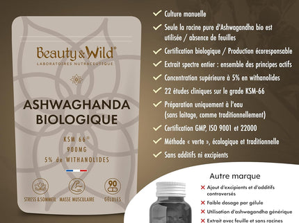 Ashwagandha Bio KSM-66®, 90 Gélules Vegan - 900mg/Jour - Fabriqué en France - Ginseng Indien Extra Fort, Anti-Stress, Musculation, Favorise le Bien-Être, Améliore la Qualité du Sommeil, Beauty&Wild