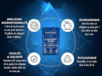 Beauty&Wild, Collagène Marin, 6g, Poudre collagène type 1 et 3 - Arôme fruits exotiques, Peptides Hydrolysés 2000 DA, Beauté et Sport, Peau Hydratée & Articulations Souples, 310g
