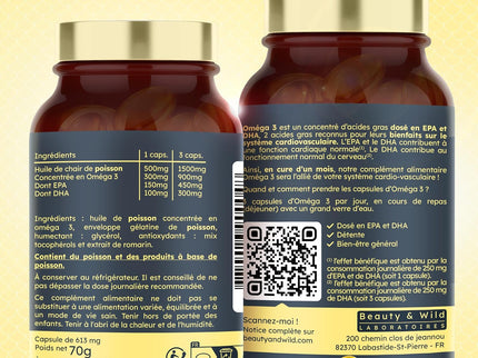 Capsules d'OMÉGA 3-2000mg d’Huile de Poissons Sauvages, Riche en acide aminés EPA/DHA, Santé du Cœur, Cholestérol, Cerveau, Idéal Musculation, Fitness, 120 capsules d'oméga 3 - Beauty&Wild