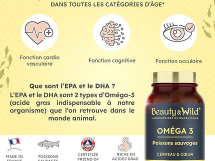 Capsules d'OMÉGA 3-2000mg d’Huile de Poissons Sauvages, Riche en acide aminés EPA/DHA, Santé du Cœur, Cholestérol, Cerveau, Idéal Musculation, Fitness, 120 capsules d'oméga 3 - Beauty&Wild